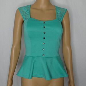 Varga Peplum Top Blouse Floral Lace Buttons Teal S